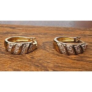 925 Gold Tone Glass Rhinestone Hoop Earrings 1"L